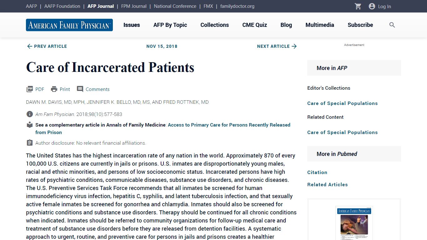 Care of Incarcerated Patients | AAFP